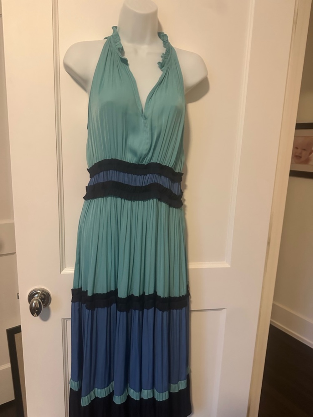 Current/Air Pleated Halter Midi Dress in Teal and Navy